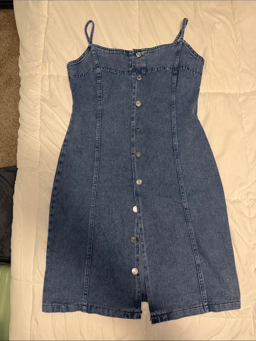Denim Button-Front Spaghetti Strap Dress - Blue